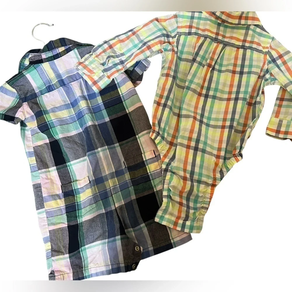 12mo Set of 3 short button t-shirts, romper, long sleeve onesie - plaid & sea
